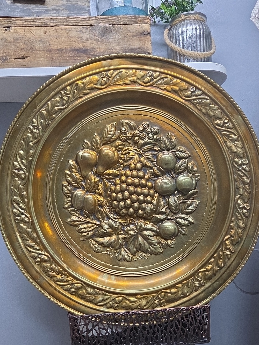 Large Vintage Brass Embossed Wall Plaque Plate